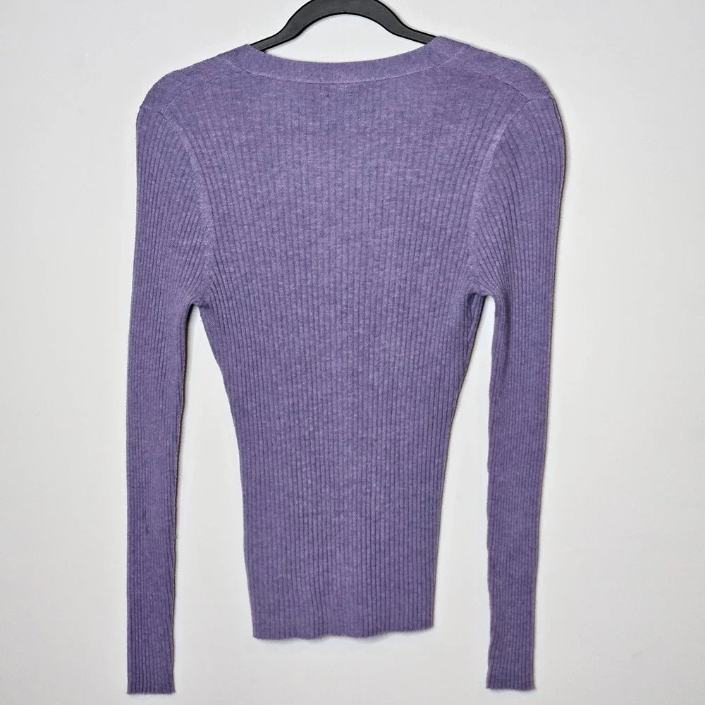 Derek Lam Collective Ribbed‎ Wool Blend Button Front Top Long Sleeve Purple XL